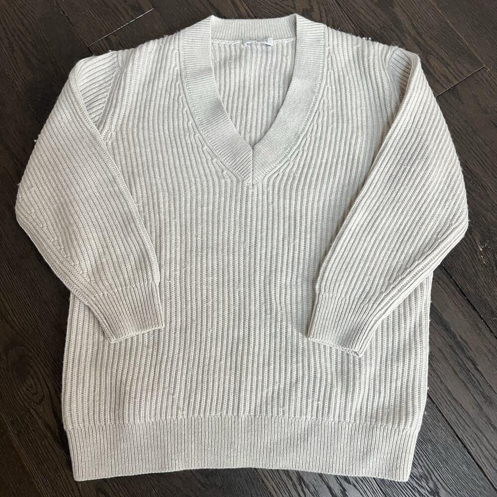 Aritzia Babaton Roger Sweater Merino Wool Oatmeal Tan V Neck Ribbed XS